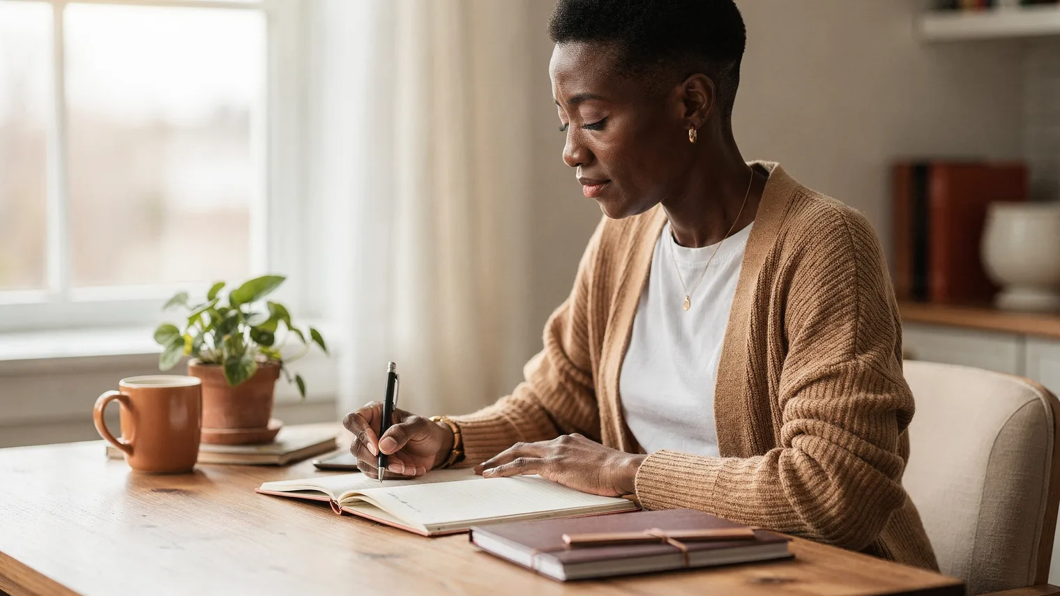 Woman writing in a notebook at a tidy desk beside a bright window, mug at hand.