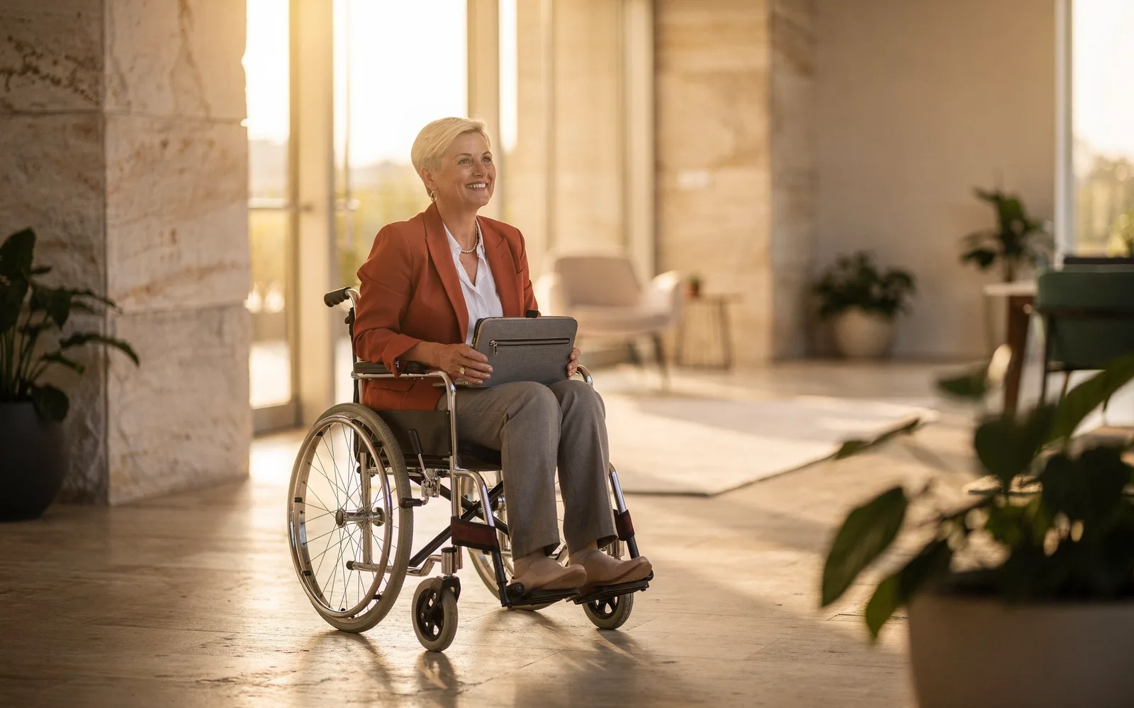 A woman in a wheelchair, blazer on and bag on her lap, heads through a bright office lobby toward glowing glass doors.