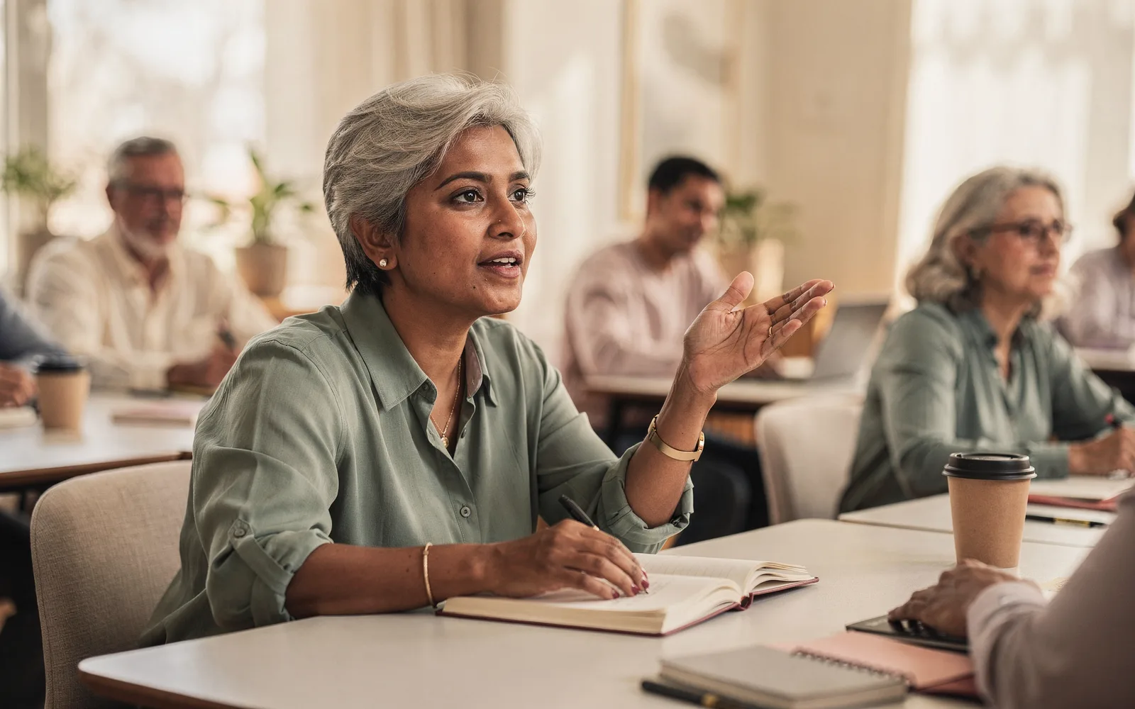 A silver-haired woman raises her hand mid-question among adult classmates in a bright classroom.