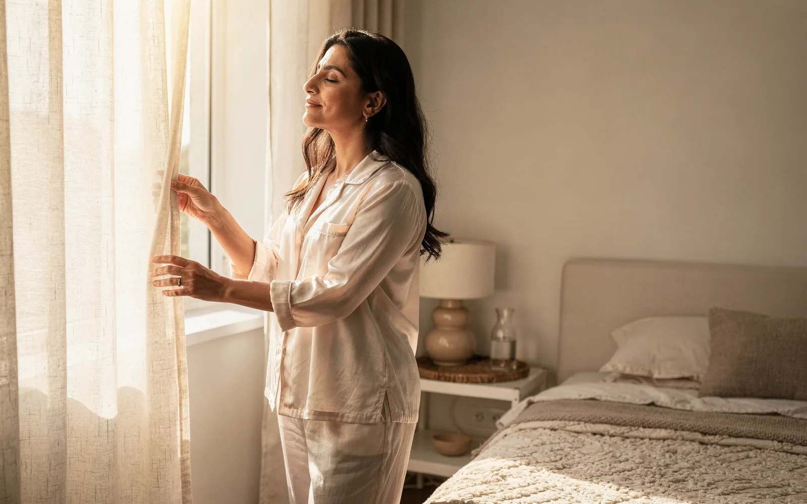 Woman in ivory pajamas opening linen curtains to bright morning light in an airy bedroom.