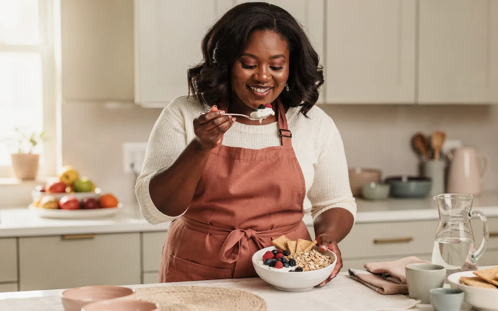 Woman tasting a colorful yogurt and berry breakfast bowl at a sunlit kitchen counter.